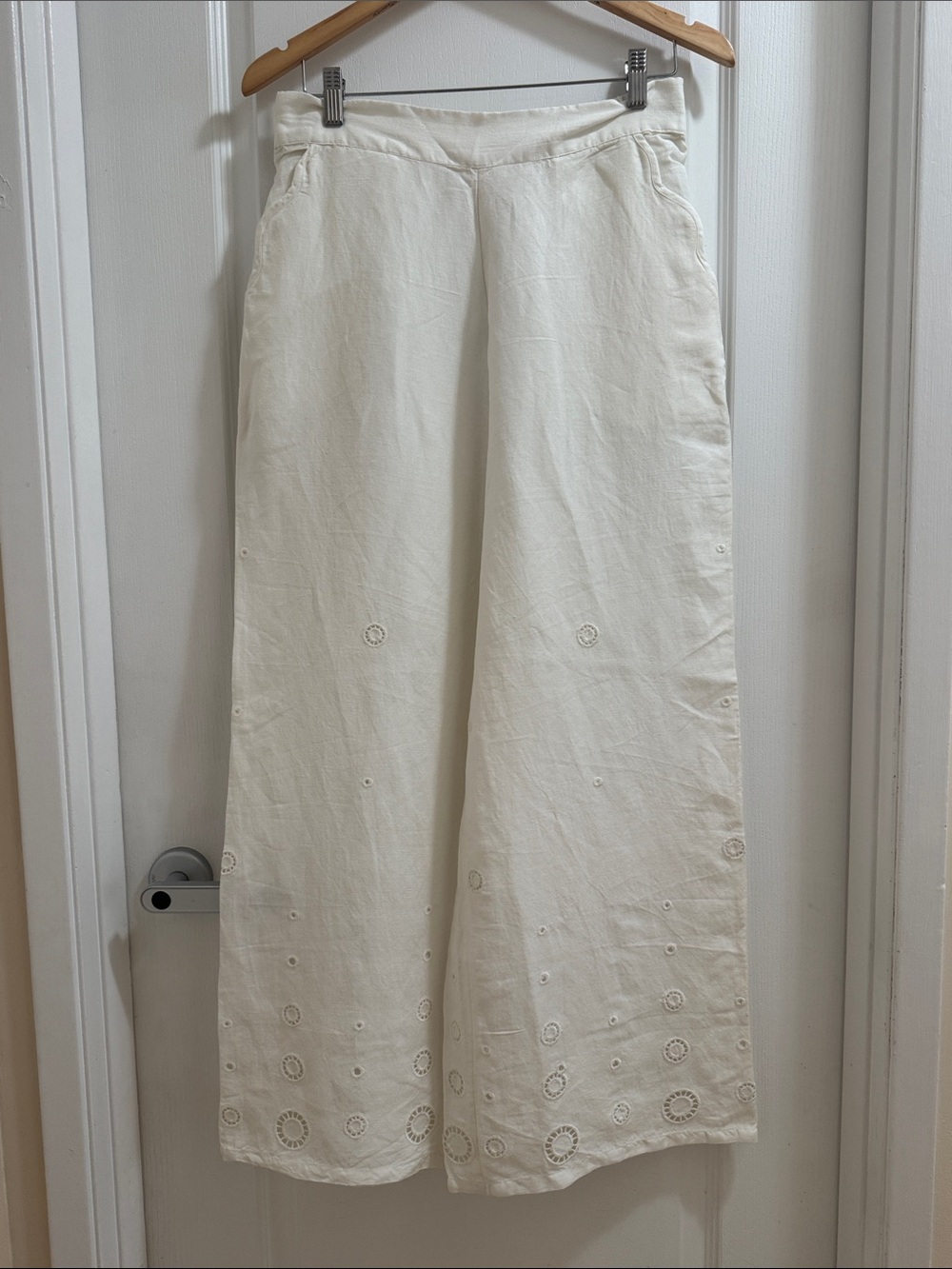 Anthropologie Cream Wide-Leg Embroidered pants - Picture 1 of 4
